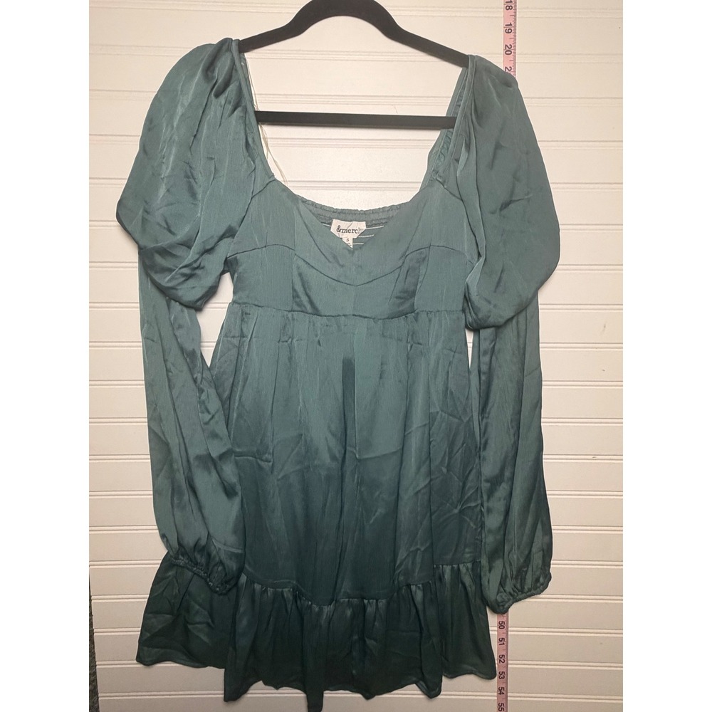 &Merci Womens Green Satin Babydoll Mini Dress Puff Sleeve Smocked Back Large